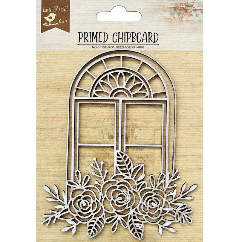 Chipboard con imprimación, corte láser - Ventana con flores - Little Birdie