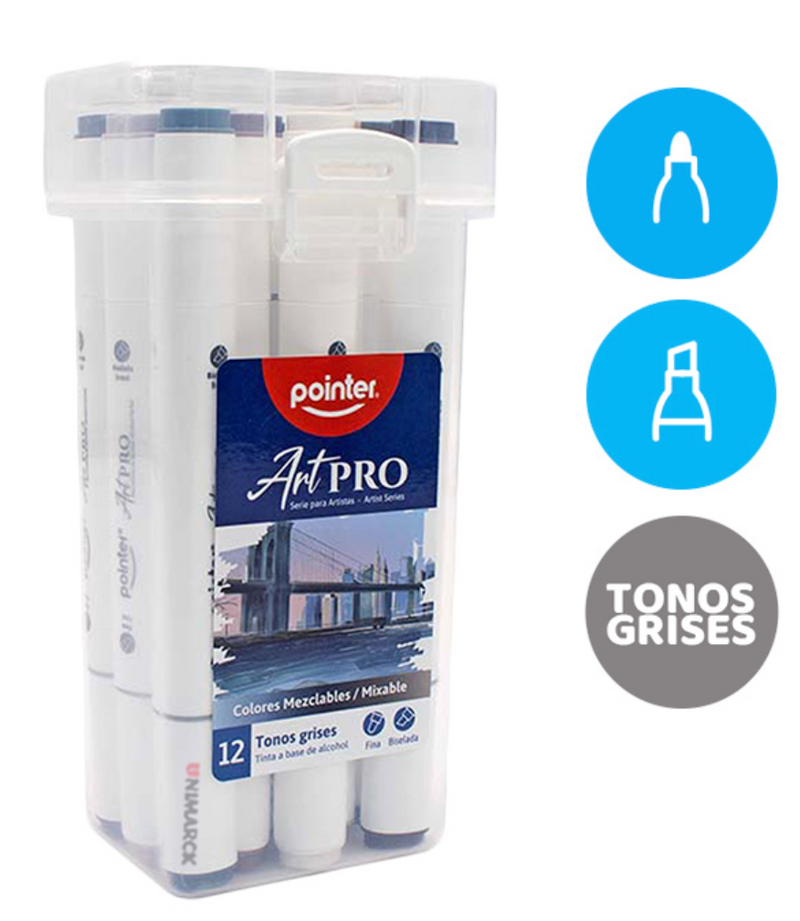 Marcadores al Alcohol (12 Pz) - Art Pro - Tonos Grises - Pointer